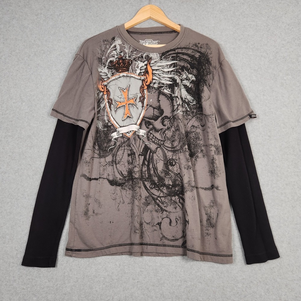 MMA Elite Shirt Mens XL Gray Skull Cross Thermal Wings Shield Grunge Fight Y2K